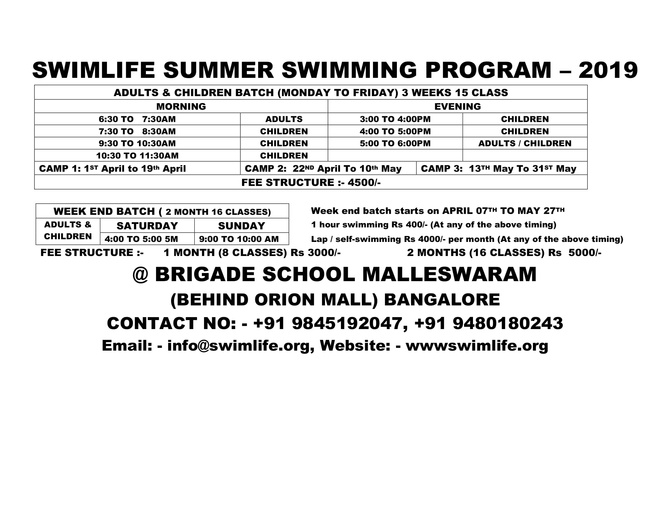 Summer Swimming Camps in Brigade Malleshwaram (Behind Orion Mall